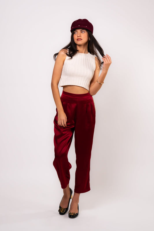 Pantalones con crema de sátrina de lujo de lujo de Borgoña
