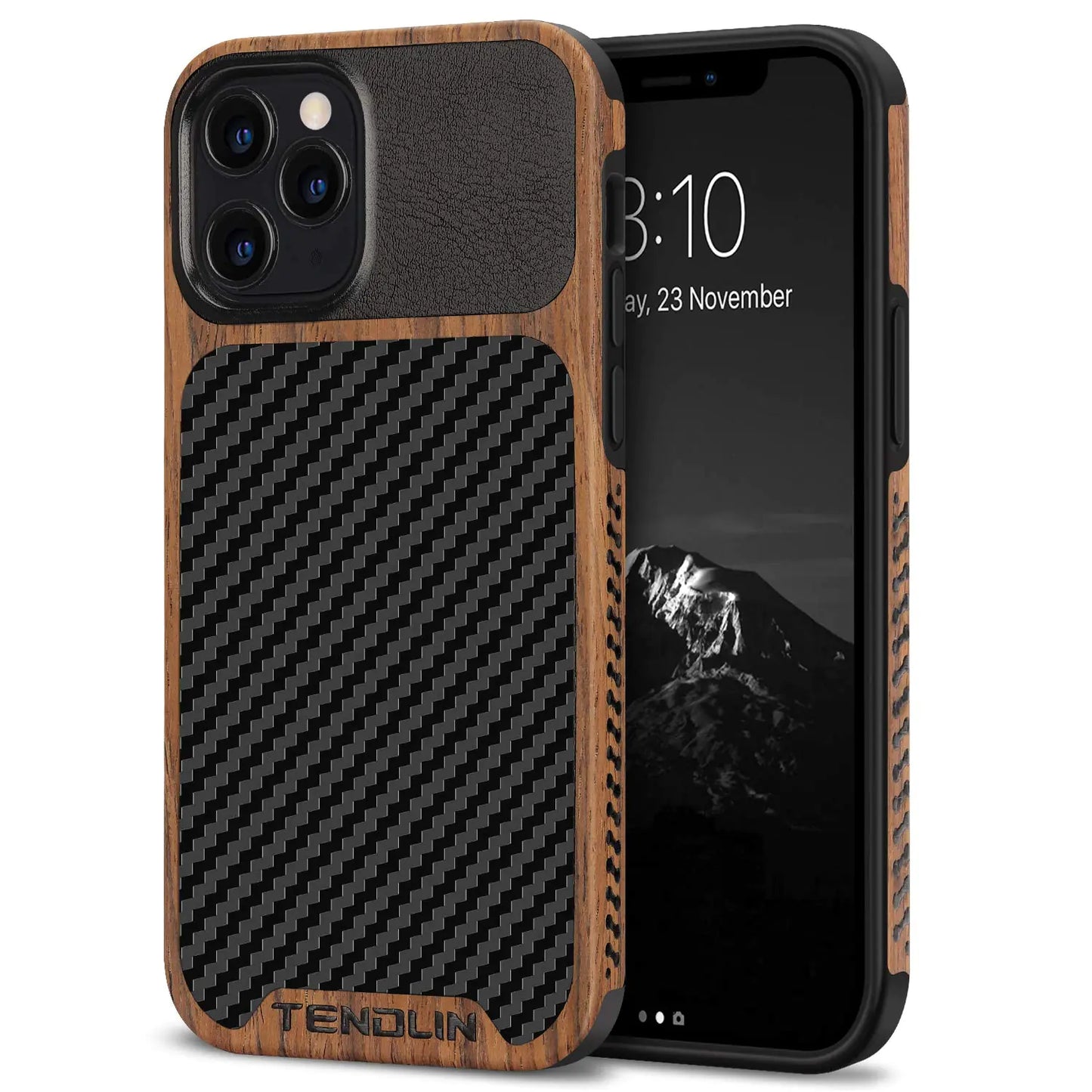 TENDLIN Carbon Wood iPhone 12/Pro Leather Hybrid Case