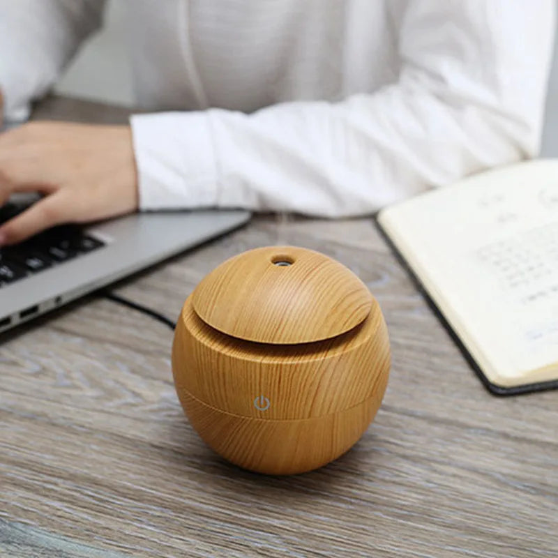 Mini USB Touch Operation Ultrasonic Humidifier Essential Oil Diffuser Cute Wood Grain Design for Home, Office, Desk