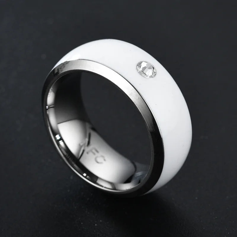 Anillo inteligente con etiqueta para teléfono móvil NFC, anillo inteligente de acero inoxidable, anillo inteligente blanco con diamante