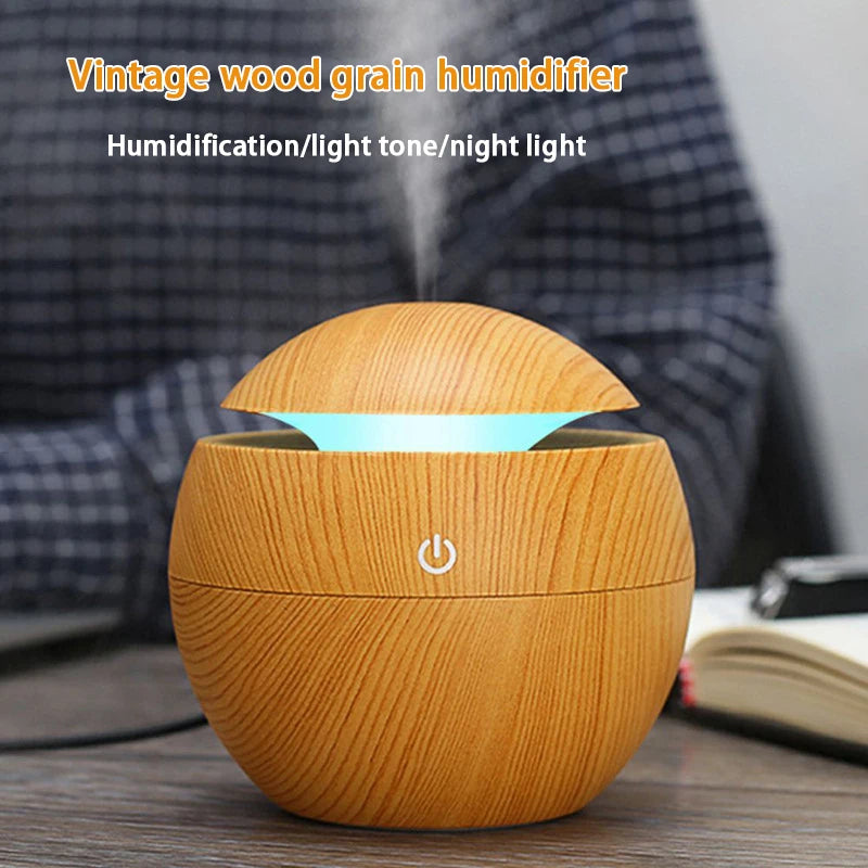 Mini USB Touch Operation Ultrasonic Humidifier Essential Oil Diffuser Cute Wood Grain Design for Home, Office, Desk