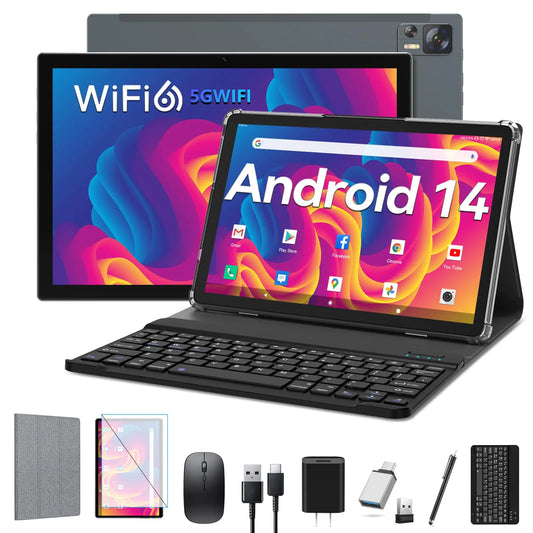 EITOMIN 10" Android 14 Tablet - Octa-Core, 8GB RAM, 64/512GB, 13MP+8MP Cameras, GMS Certified, with Keyboard/Case/Mouse/Pen, Grey