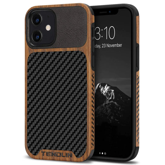 TENDLIN Carbon Wood iPhone 12/Pro Leather Hybrid Case
